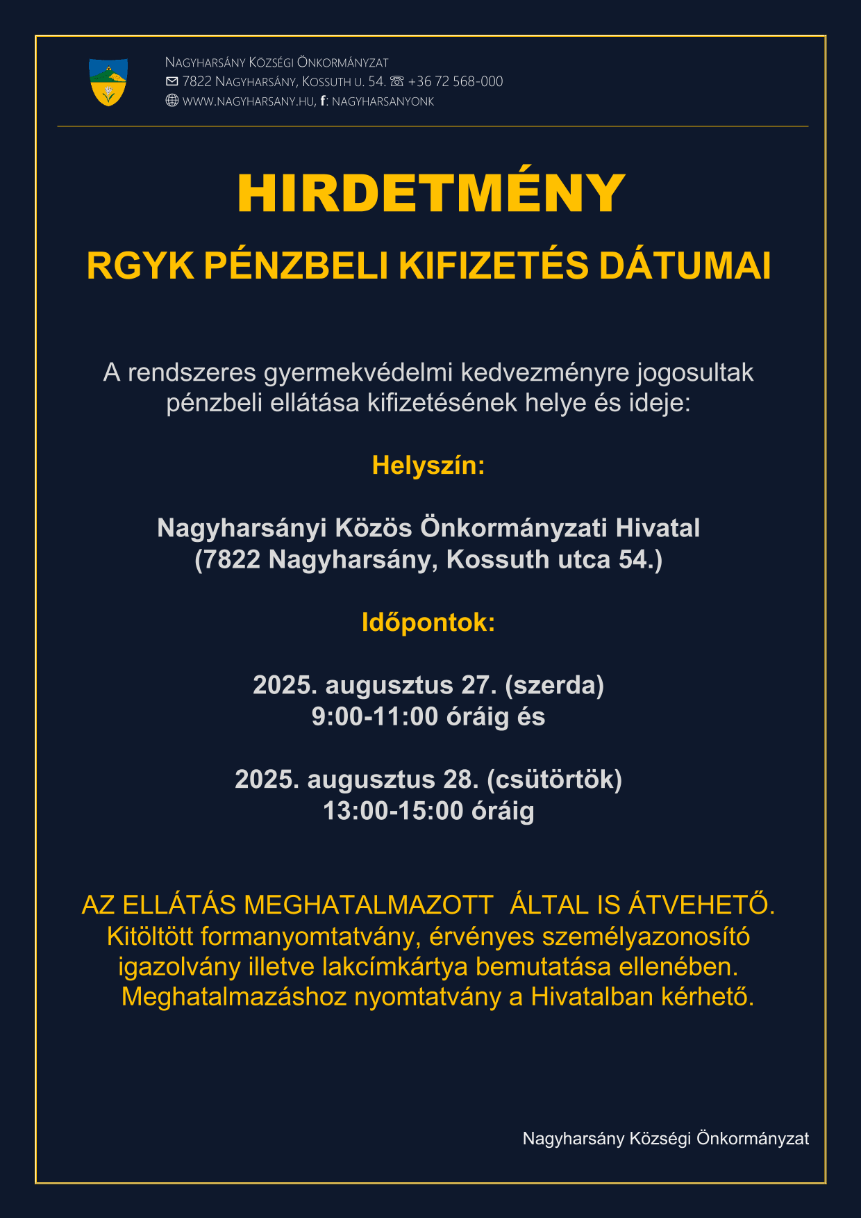 RGYK pénzbeli kifizetés dátumai